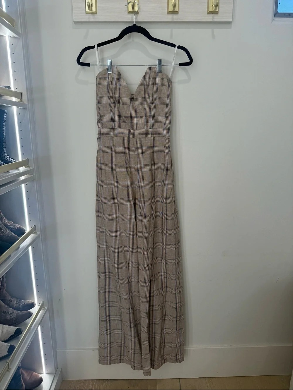 Lovers + Friends Plaid Strapless Wide-Leg Grecia Jumpsuit in Walnut Size Small